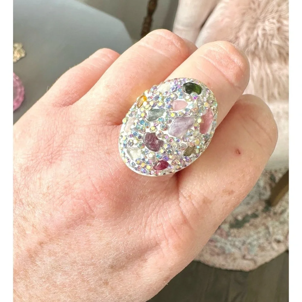 Large Pave Rhinestone Statement ring with AB Rhinestones & colorful stones
